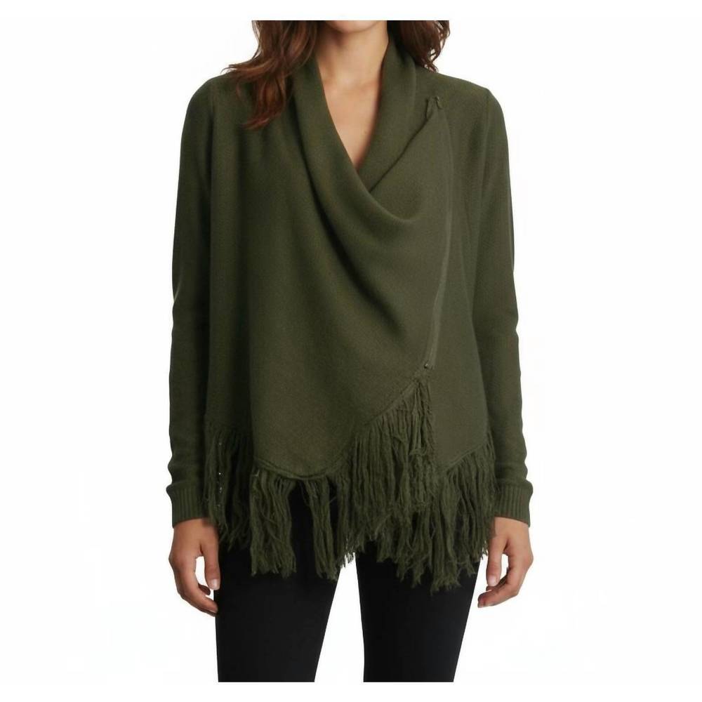 NEW ONETHELAND cowl neck fringe sweater in olive